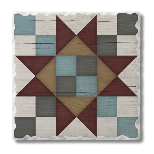 Thirstystone Quilt Design Friendship Star Single Tumbled Tile Stone Coaster with Protective Cork Backing Manufactured in The USA 4" Square, Artistic, Easily Wipes Clean