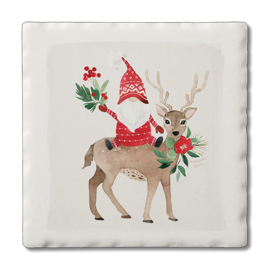 Thirstystone Gnome On Deer 4-Pack Absorbent Stone Tumbled Tile Coasters 4" Square Manufactured in the USA