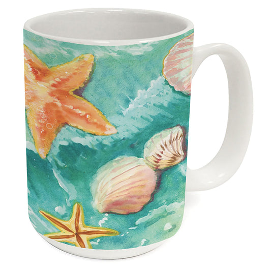 Highland Home Beach Shells Large Decorative Ceramic Mug 15 oz. Manufactured in the USA