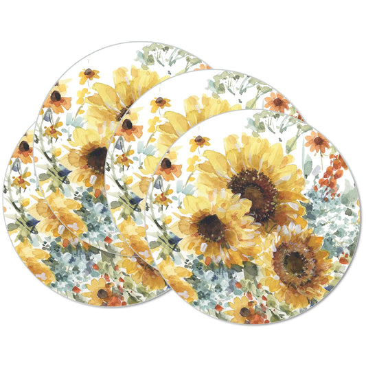 CounterArt Sunflowers Forever 4 Pack Round Reversible Easy Care Flexible Placemats Made in the USA