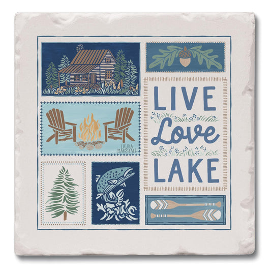 Thirstystone Live Love Lake Single Tumbled Tile Stone Coaster with Protective Cork Backing Manufactured in The USA 4" Square