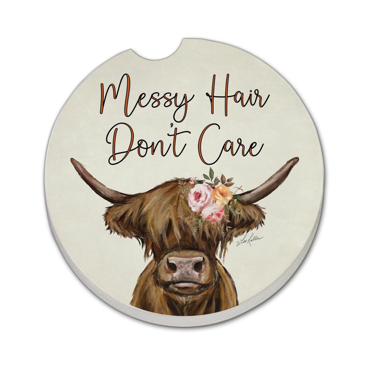 Thirstystone Messy Hair Cow Single Absorbent Stone Coaster for Vehicle Cup Holder 2.6” Diameter Manufactured in The USA