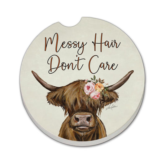 Thirstystone Messy Hair Cow Single Absorbent Stone Coaster for Vehicle Cup Holder 2.6” Diameter Manufactured in The USA