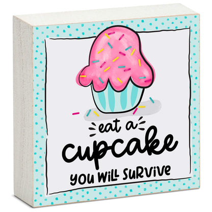 CounterArt "Eat A Cupcake" Artistic Freestanding Solid Wood Block Sign Made in the USA 3.75” Square Decorative Accent for Home or Office