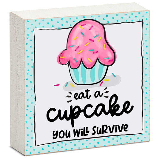 CounterArt "Eat A Cupcake" Artistic Freestanding Solid Wood Block Sign Made in the USA 3.75” Square Decorative Accent for Home or Office