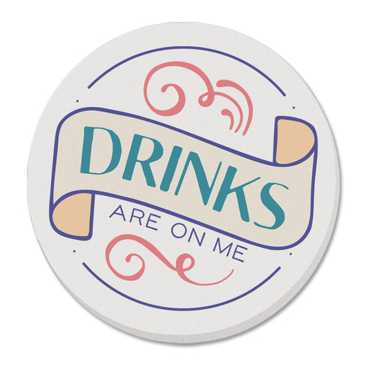 Thirstystone Drinks on Me Single Round Absorbent Stone Coaster with Protective Cork Backing Manufactured in The USA 4" Diameter