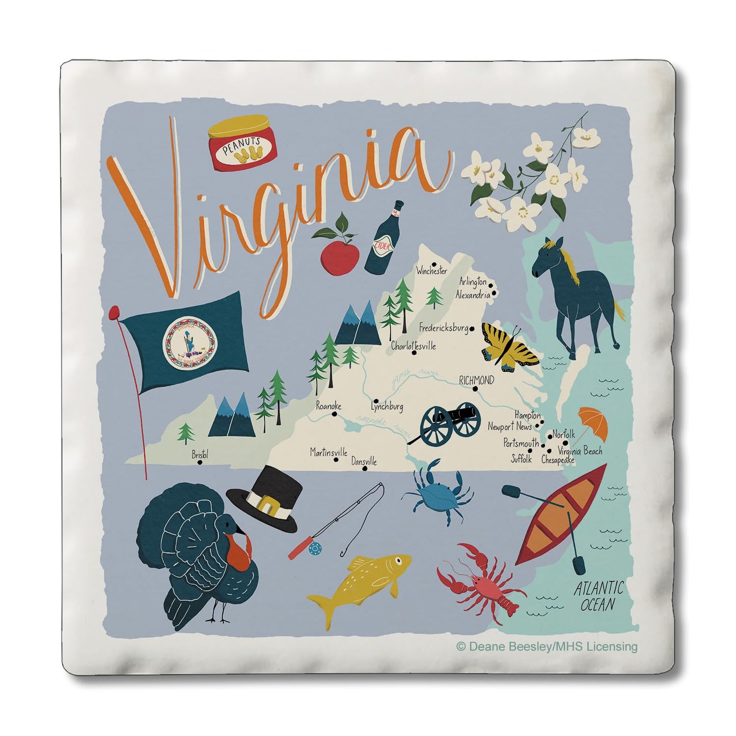 Thirstystone Virginia Home State 4 Pack Tumbled Tile Stone Coasters 4" Square Manufactured in the USA