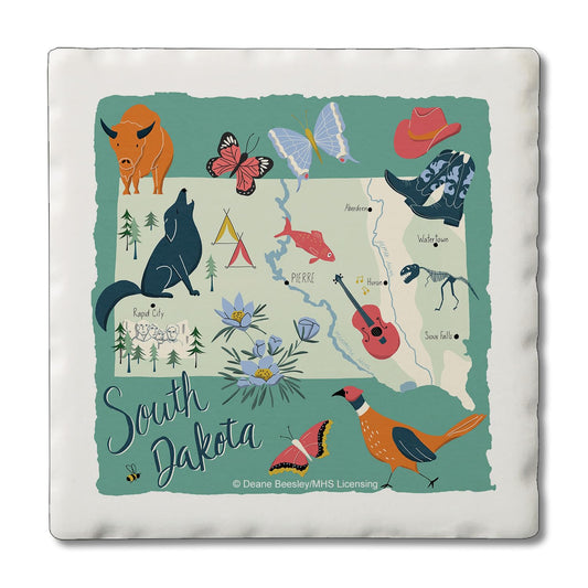 Thirstystone South Dakota Home State 4 Pack Tumbled Tile Stone Coasters 4" Square Manufactured in the USA