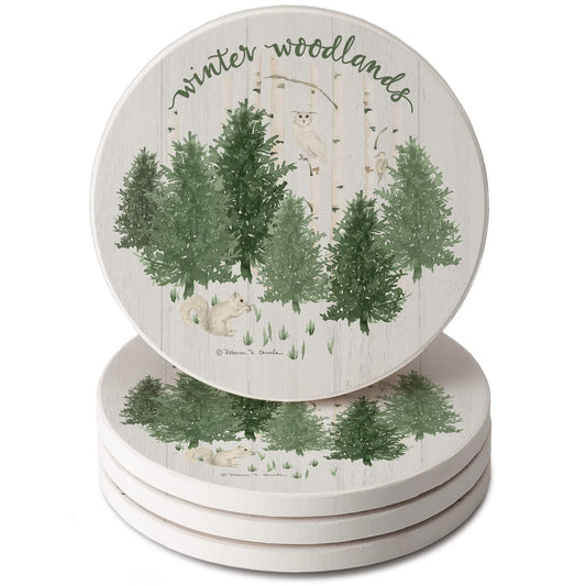 Thirstystone Winter Woodlands 4 Pack Round Absorbent Stone Coasters 4" Diameter