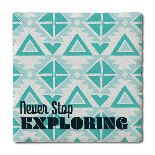 Thirstystone Never Stop Exploring Single Tumbled Tile Stone Coaster with Protective Cork Backing Manufactured in The USA 4" Square, Colorful, Artistic, Easily Wipes Clean