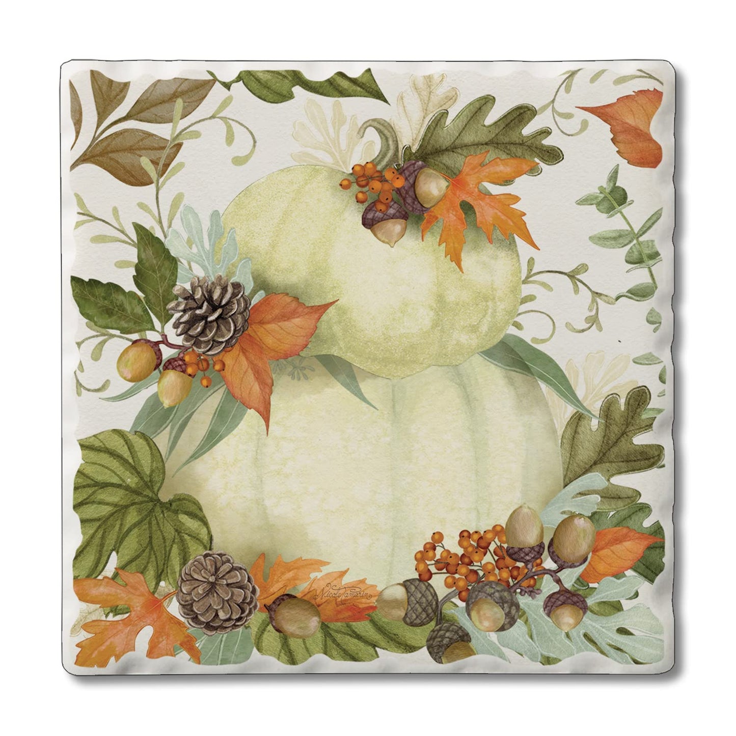 Thirstystone Farmhouse Pumpkin Stack Single Tumbled Tile Stone Coaster with Protective Cork Backing Manufactured in The USA 4" Square, Colorful, Artistiic, Easily Wipes Clean