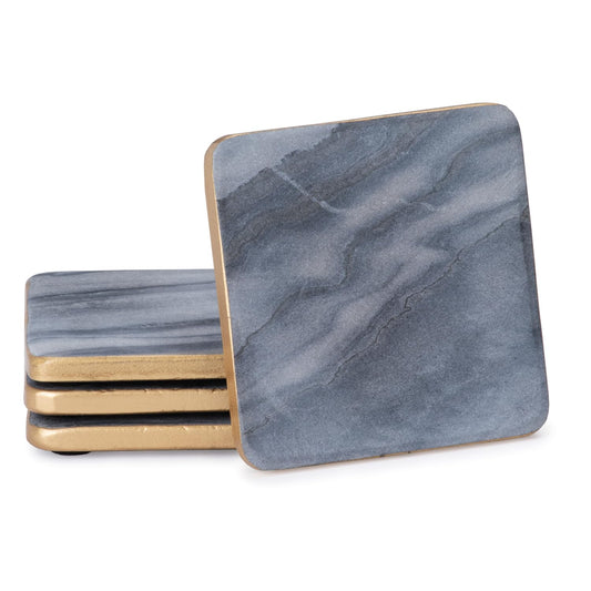 Thirstystone 4 Pack Natural Gray Marble Coasters with Gold Edge 4" Square Elegant, Heat Tolerant, Water Repellant