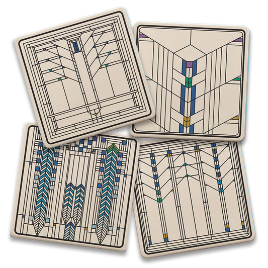 Ennis House Window Assorted Designs by Frank Lloyd Wright 4-Pack Stone Coasters with Protective Cork Backing Manufactured in The USA Absorbent Easily Wipes Clean
