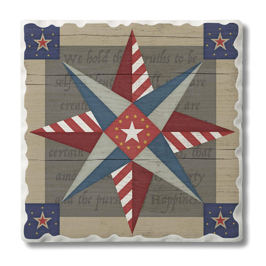 Thirstystone American Guiding Star Quilt Design Single Tumbled Tile Stone Coaster with Protective Cork Backing Manufactured in The USA 4" Square, Colorful, Artistiic, Easily Wipes Clean