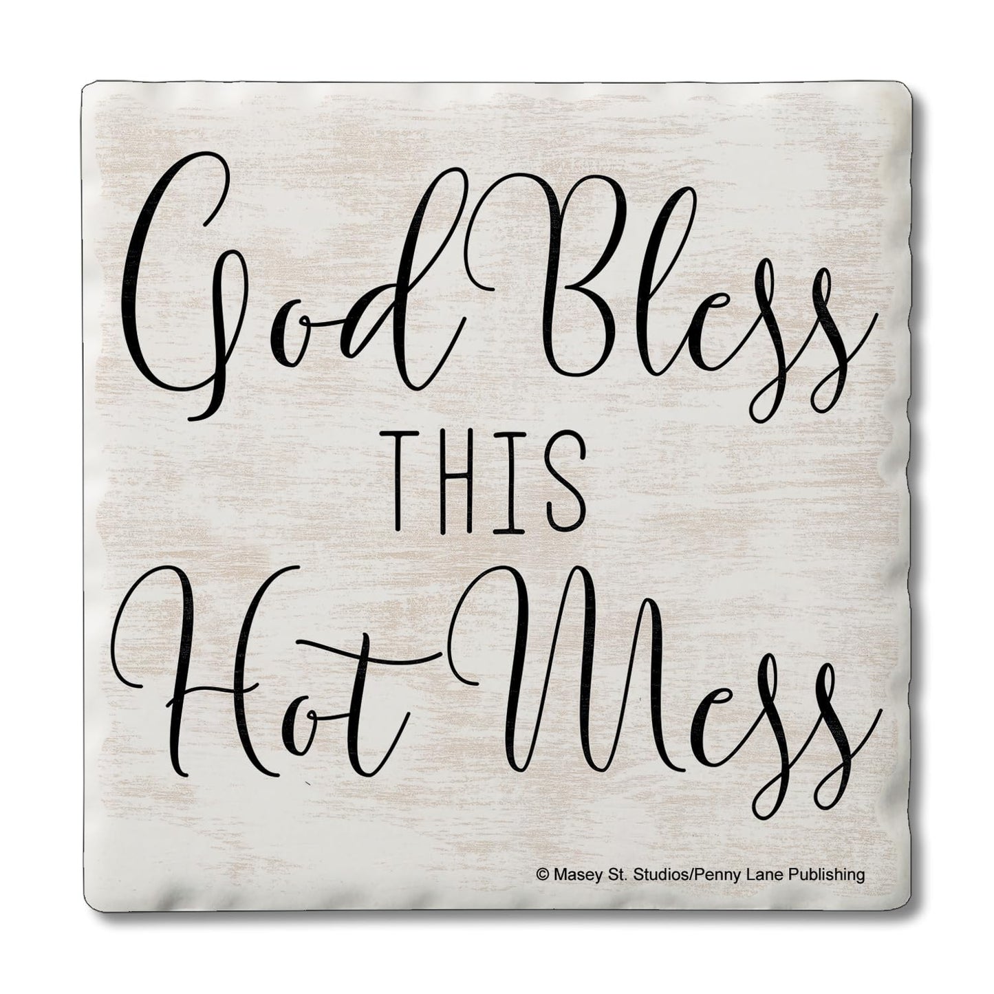 Thirstystone God Bless This Hot Mess Single Tumbled Tile Stone Coaster with Protective Cork Backing Manufactured in The USA 4" Square, Artistic, Easily Wipes Clean