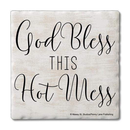 Thirstystone God Bless This Hot Mess Single Tumbled Tile Stone Coaster with Protective Cork Backing Manufactured in The USA 4" Square, Artistic, Easily Wipes Clean