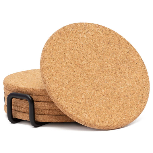 Thirstystone Set of 6 Thick Cork Coasters in Attractive Black Coaster Holder 4.7" Round Durable Absorbent Easily Wipes Clean