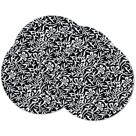 CounterArt Black & White Woodblock Round Reversible Easy Care Flexible Plastic Placemat, 4 Pack, Made in The USA