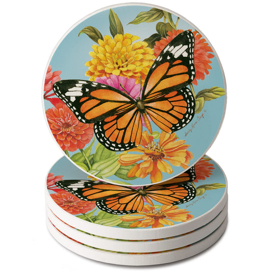 Thirstystone Monarch Butterfly 4 Pack Round Absorbent Stone Coasters 4" Diameter Manufactured in the USA