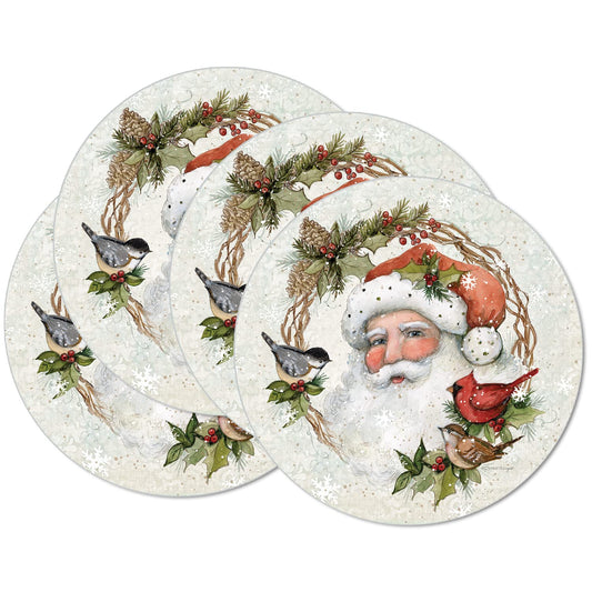 CounterArt Winter Forest Santa 4 Pack Round Reversible Easy Care Flexible Plastic Placemats Made in The USA 13.5" Diameter