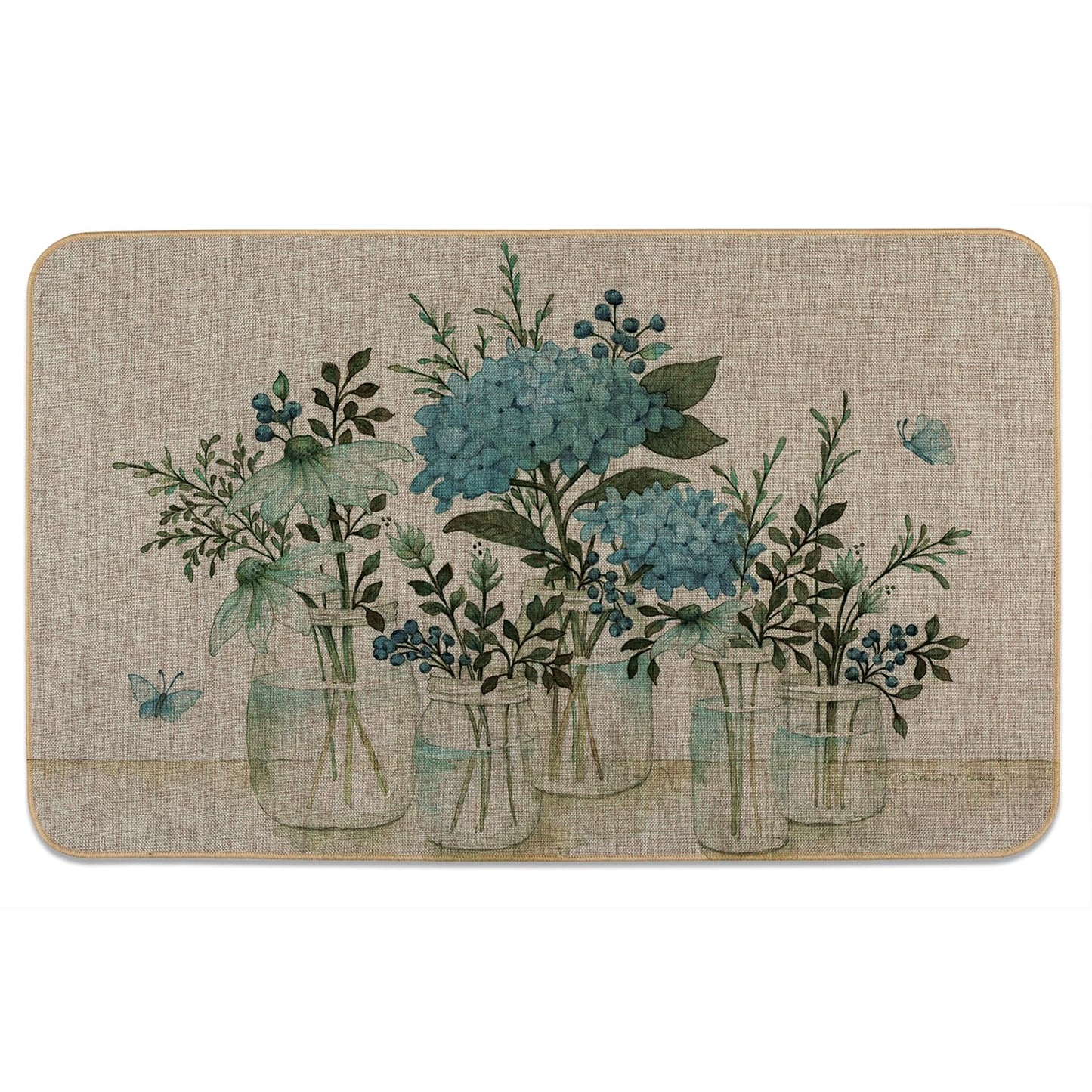 Highland Home Mason Jar Floral Indoor/Outdoor Natural Linen Look Floor Mat with Recycled Rubber Back Manufactured in The USA 29.5” x 17.75”
