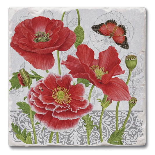 Thirstystone Poppies Single Tumbled Tile Stone Coaster with Protective Cork Backing Manufactured in The USA 4" Square, Artistic, Easily Wipes Clean