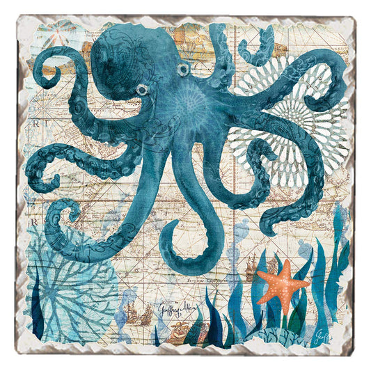 Thirstystone Nautical Octopus Single Tumbled Tile Stone Coaster with Protective Cork Backing Manufactured in The USA 4" Square, Colorful, Artistiic, Easily Wipes Clean