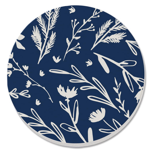 Thirstystone Navy & White Floral Single Round Absorbent Stone Coaster with Protective Cork Backing Manufactured in The USA 4" Diameter