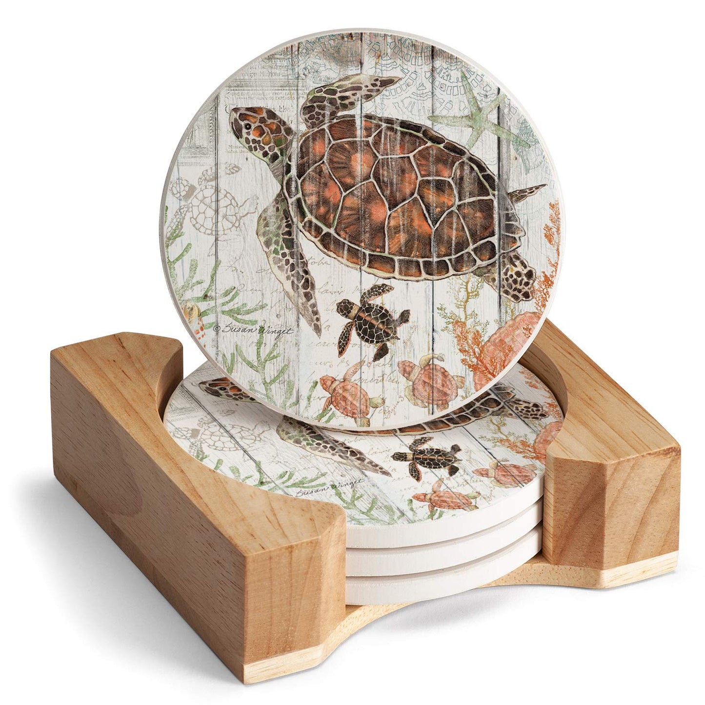 Thirstystone Shoreline Shells 4-Pack Natural Marble Stone Coaster with Protective Cork Backing Manufactured in The USA