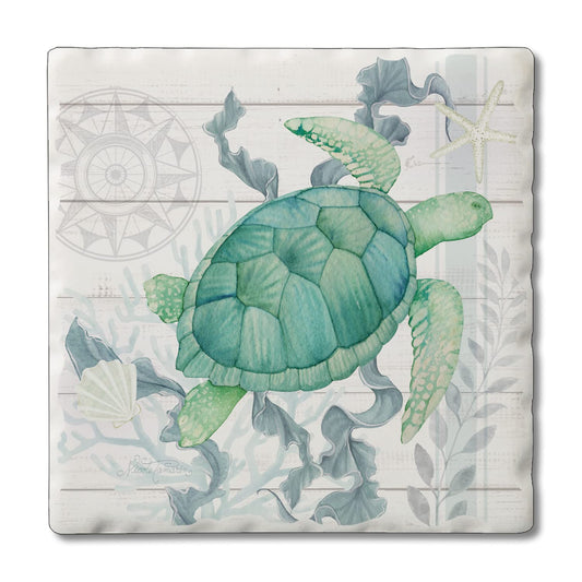 Thirstystone Beach Therapy Turtle Single Tumbled Tile Stone Coaster with Protective Cork Backing Manufactured in The USA 4" Square, Colorful, Artistic, Easily Wipes Clean