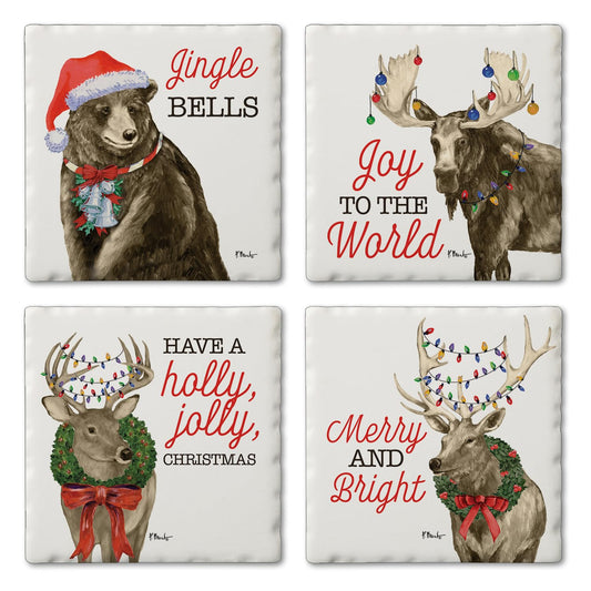 Thirstystone Merry Lodge Creatures 4 Pack Assorted Tumbled Tile Stone Coasters 4" Square