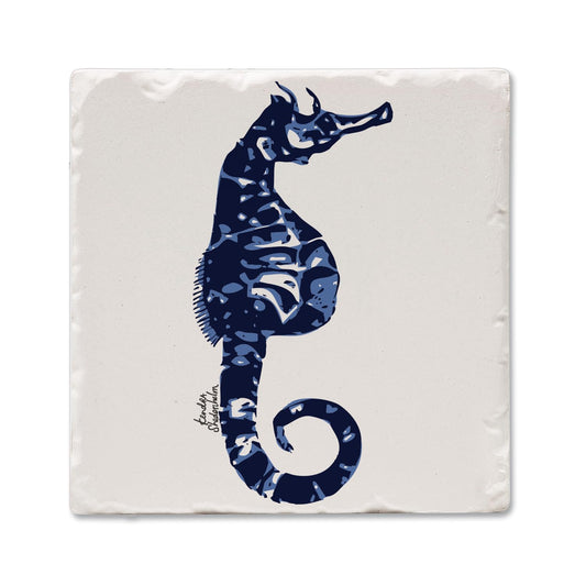 Thirstystone Indigo Seahorse Single Tumbled Tile Stone Coaster with Protective Cork Backing Manufactured in The USA 4" Square, Colorful, Artistiic, Easily Wipes Clean