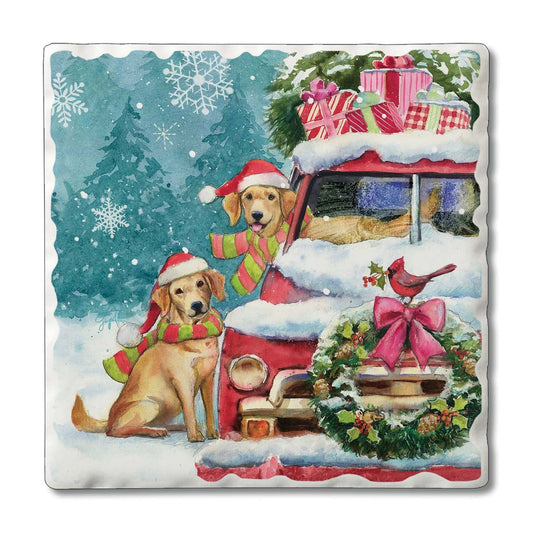 Thirstystone Holiday Buddies 4 Pack Tumbled Tile Stone Coasters 4" Square Manufactured in the USA