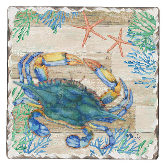Thirstystone Crab Life Single Tumbled Tile Stone Coaster with Protective Cork Backing Manufactured in The USA 4" Square, Colorful, Artistiic, Easily Wipes Clean