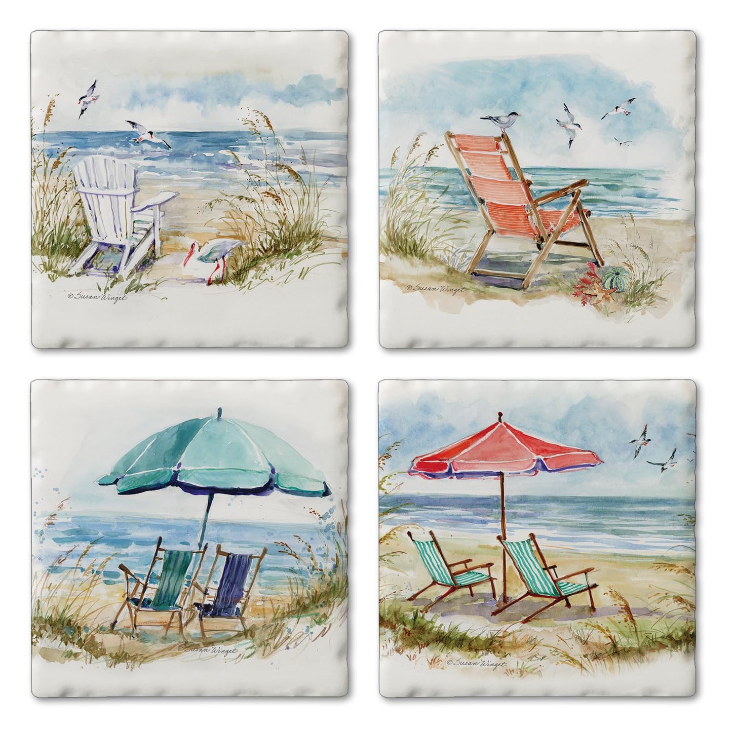 Thirstystone Coastal Moments 4 Pack Assorted Tumbled Tile Stone Coasters 4" Square