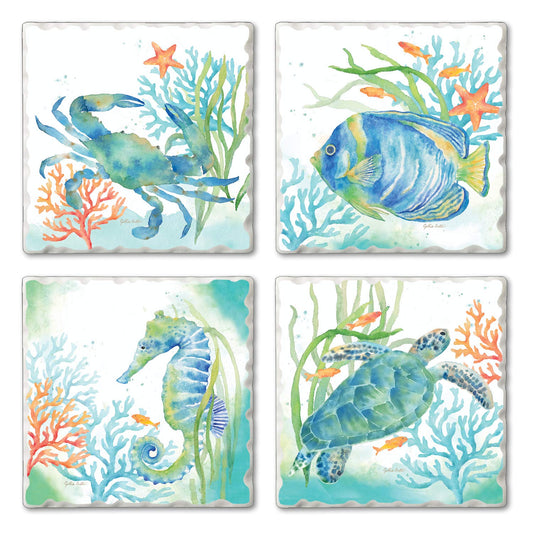 Thirstystone Sea Life Serenade 4 Pack Assorted Tumbled Tile Stone Coasters 4" Square
