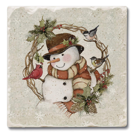 Thirstystone Winter Forest Snowman 4 Pack Tumbled Tile Stone Coasters 4" Square Manufactured in the USA