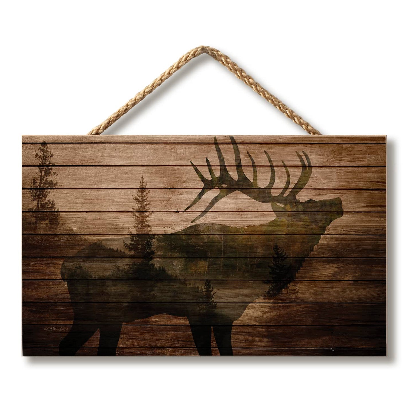 CounterArt Elk in the Woods Hanging Wood Wall Sign with Braided Rope Hanger 9.5” by 5.75” Made in the USA