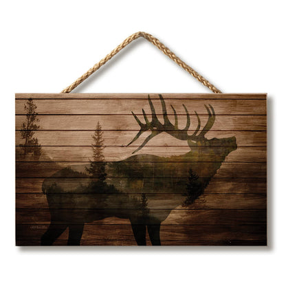 CounterArt Elk in the Woods Hanging Wood Wall Sign with Braided Rope Hanger 9.5” by 5.75” Made in the USA