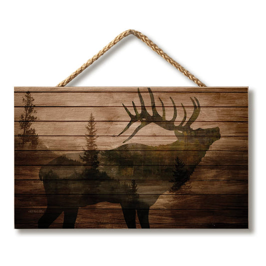 CounterArt Elk in the Woods Hanging Wood Wall Sign with Braided Rope Hanger 9.5” by 5.75” Made in the USA