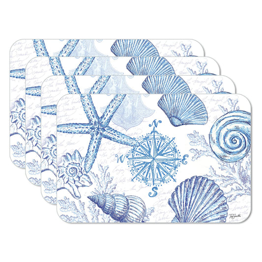 CounterArt Coastal Sketch 4 Pack Reversible Easy Care Flexible Placemats Made in the USA