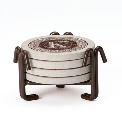 Thirstystone 4 Pack Monogram Letter K Sandstone Coasters in Bronze Iron Ram Coaster Holder 4.75" x 4.38" x 2.75"