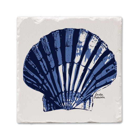 Thirstystone Indigo Scallop Single Tumbled Tile Stone Coaster with Protective Cork Backing Manufactured in The USA 4" Square, Colorful, Artistiic, Easily Wipes Clean