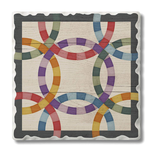 Thirstystone Quilt Design Double Wedding Ring Single Tumbled Tile Stone Coaster with Protective Cork Backing Manufactured in The USA 4" Square, Artistic, Easily Wipes Clean