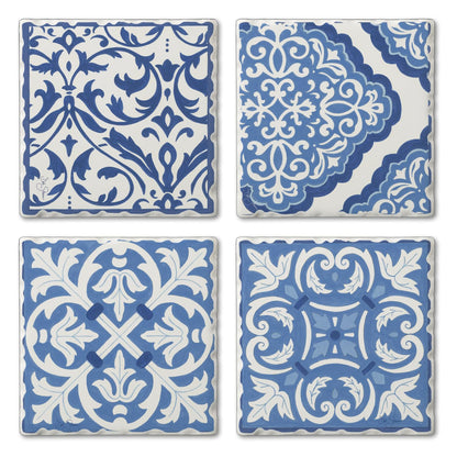 Thirstystone Blue & White Scrollwork 4-Pack Assorted Tumbled Tile Stone Coasters 4" Square