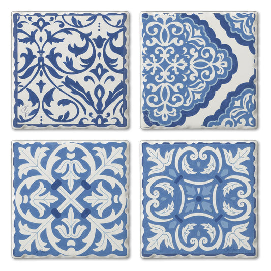 Thirstystone Blue & White Scrollwork 4-Pack Assorted Tumbled Tile Stone Coasters 4" Square