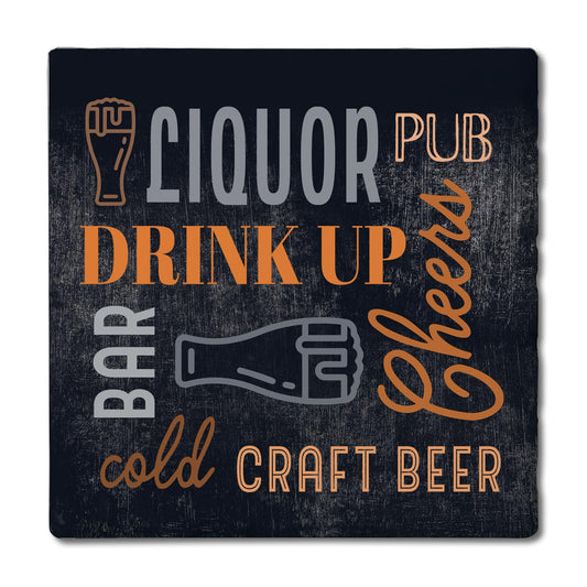 Thirstystone Cheers Drink Up Single Tumbled Tile Stone Coaster with Protective Cork Backing Manufactured in The USA 4" Square, Artistic, Easily Wipes Clean