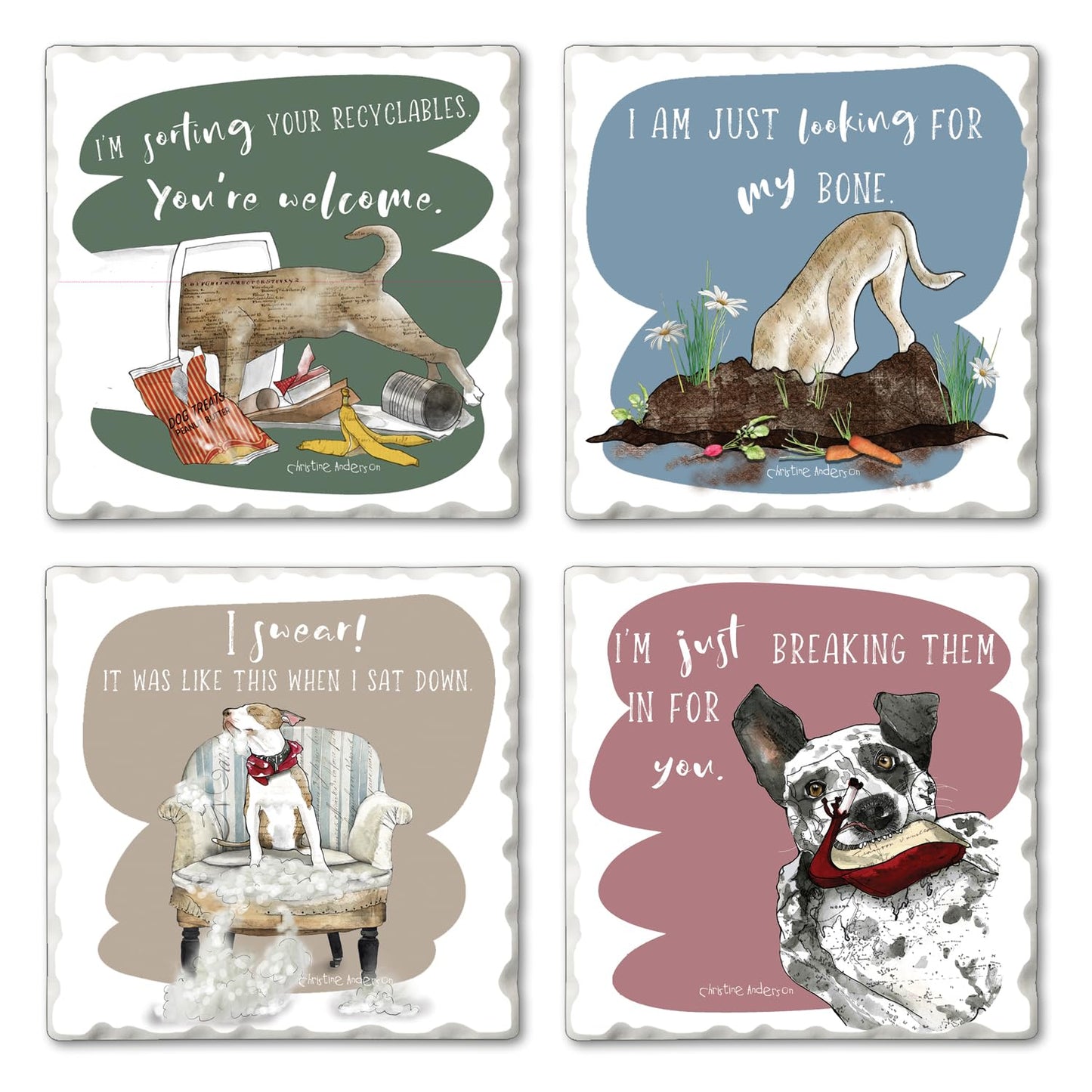 Thirstystone Naughty Dogs 4-Pack Tumbled Tile Stone Coasters 4" Square