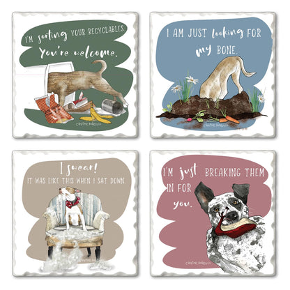 Thirstystone Naughty Dogs 4-Pack Tumbled Tile Stone Coasters 4" Square