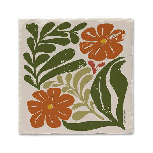 Thirstystone Retro Floral Single Tumbled Tile Stone Coaster with Protective Cork Backing Manufactured in The USA 4" Square, Colorful, Artistiic, Easily Wipes Clean